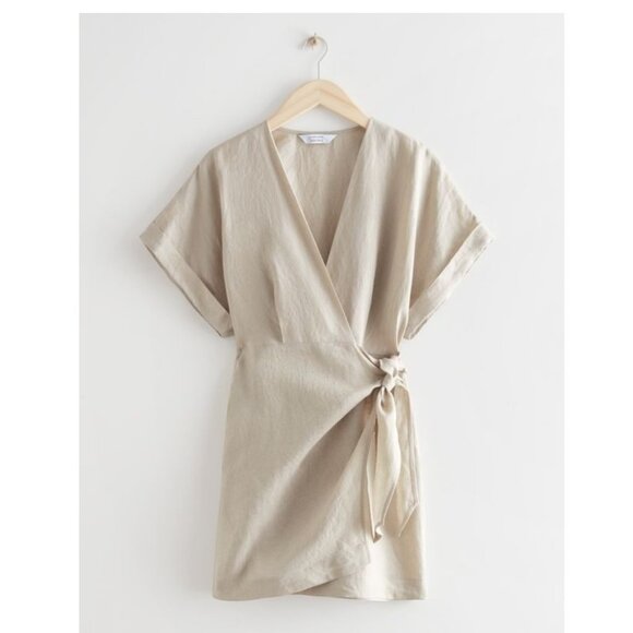 NWT & Other Stories Mini Wrap Dress Light Beige Short Sleeve Tie Waist Size 6 - Picture 1 of 8